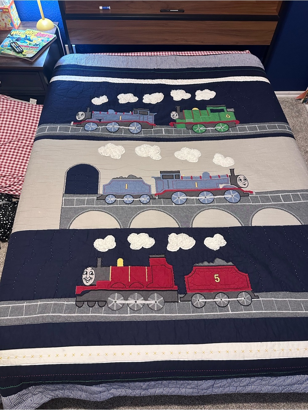 Pottery Barn Kids Train Quilt - Navy, Red, Green, Gray